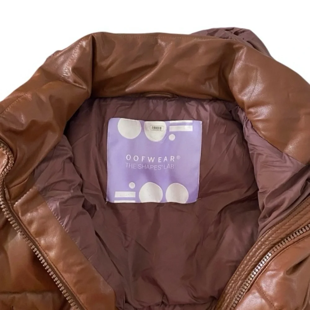 OOF Faux Leather Puffer Jacket Coat with Hood Brown Size IT 42 / US 6